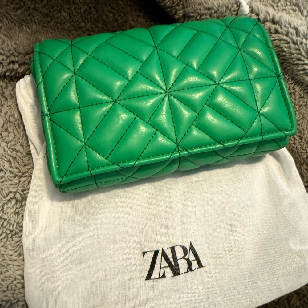 Zara Green Quilted Clutch with Geometric Design